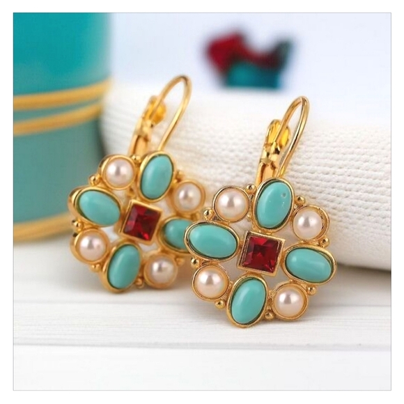 Gold Turquoise Ruby Crystal Pearl Maltese Cross Earrings - Picture 2 of 4